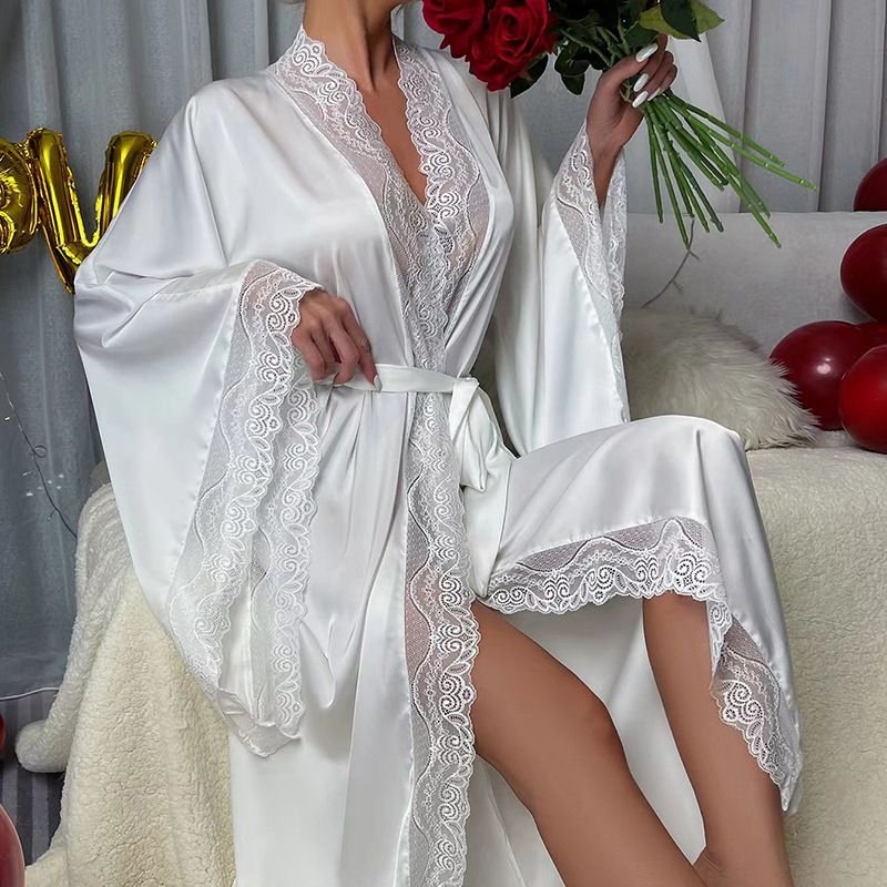 Women Fashion Sexy Lace Satin Long Sleeve Home Pajamas