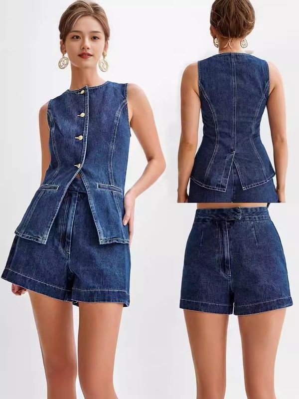 Summer Women Fashion Sleeveless Button Denim Top High Waist Shorts Two-Piece Set