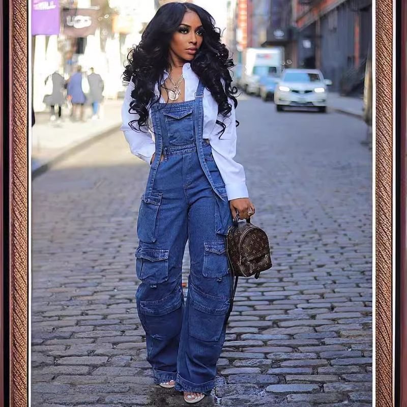 Women Fashion Loose Denim Multi-Pocket Jumpsuit