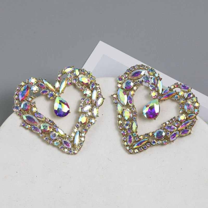 Women Fashion Heart Shaped Rhinestone Hollow Earrings