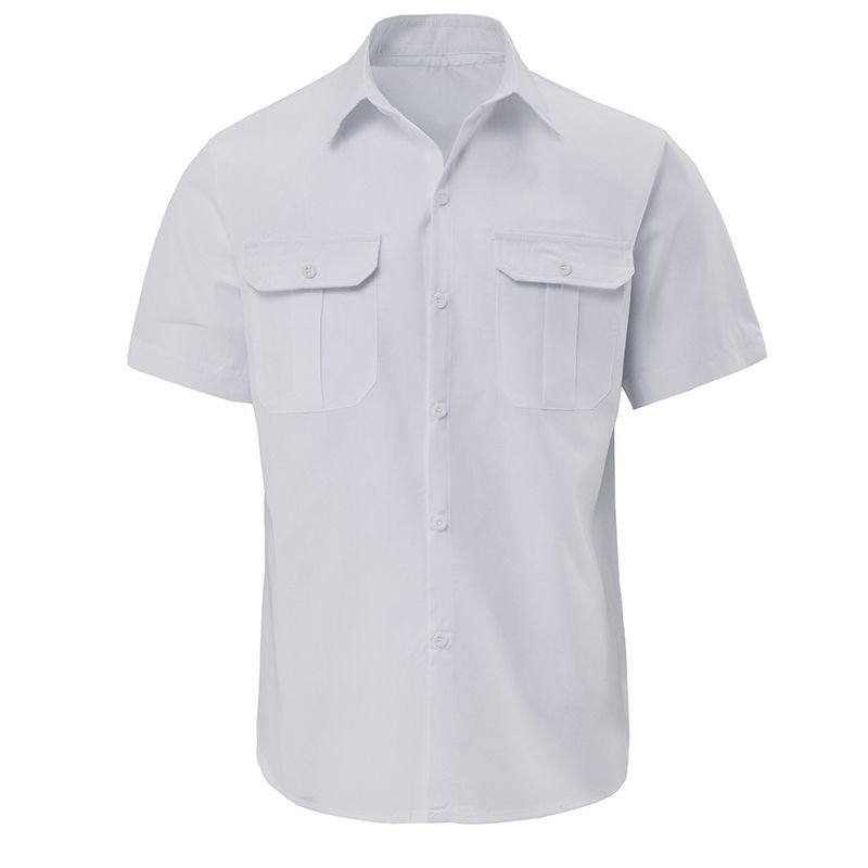 Men Fashion Casual Solid Color Double Pocket Short Sleeve Lapel Shirt