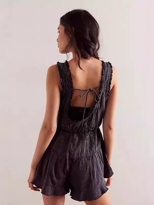 Women Fashion Casual Sleeveless Backless Loose Denim Rompers