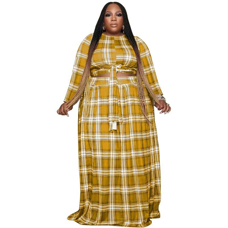 Women Fashion Casual Plus Size Plaid Print Lace-Up Long Sleeve Top Loose Skirt Two-Piece Set