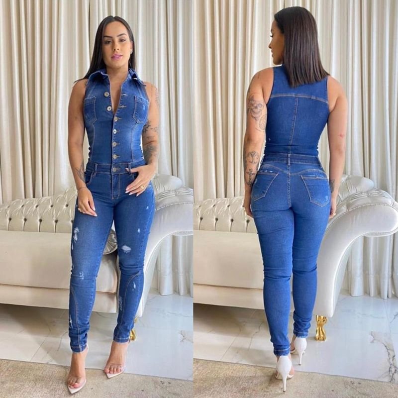 Women Sexy Lapel Sleeveless Single-Breasted Denim Jumpsuit