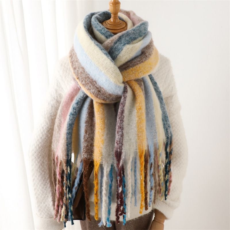 Autumn Winter Women Fashion Rainbow Stripe Cashmere Thickened Warm Scarf