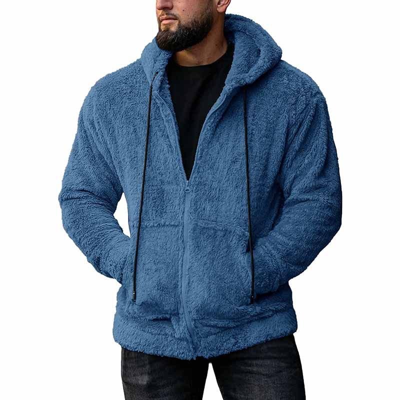 Men Autumn Winter Fashion Casual Solid Color Plush Long Sleeve Hooded Coat