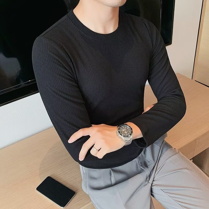 Men Basic Casual Solid Color Rib-Knit Long Sleeve Round Neck T-Shirt