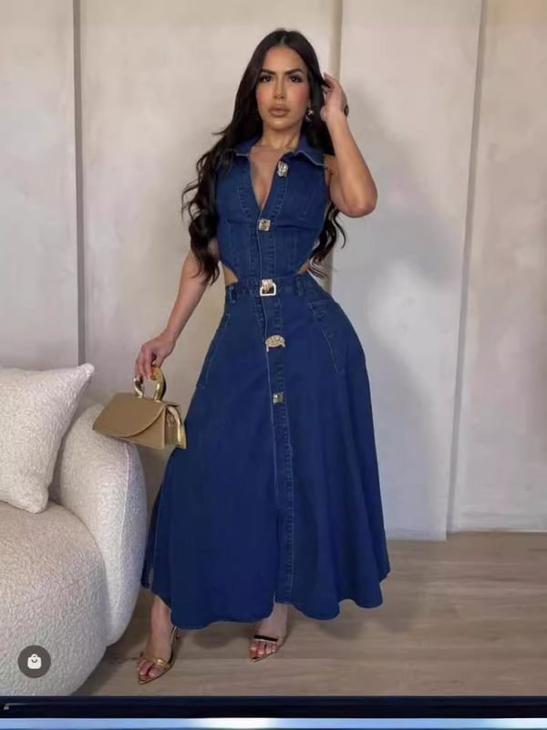 Sexy Women Fashion Lapel Deep V Split Hem Cut Out Maxi Denim Dress