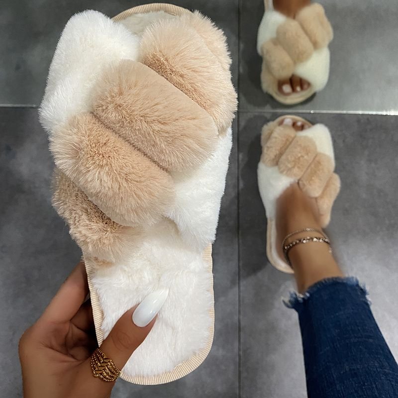 Autumn Winter Women Fashion Plus Size Cross Plush Warm Home Slippers