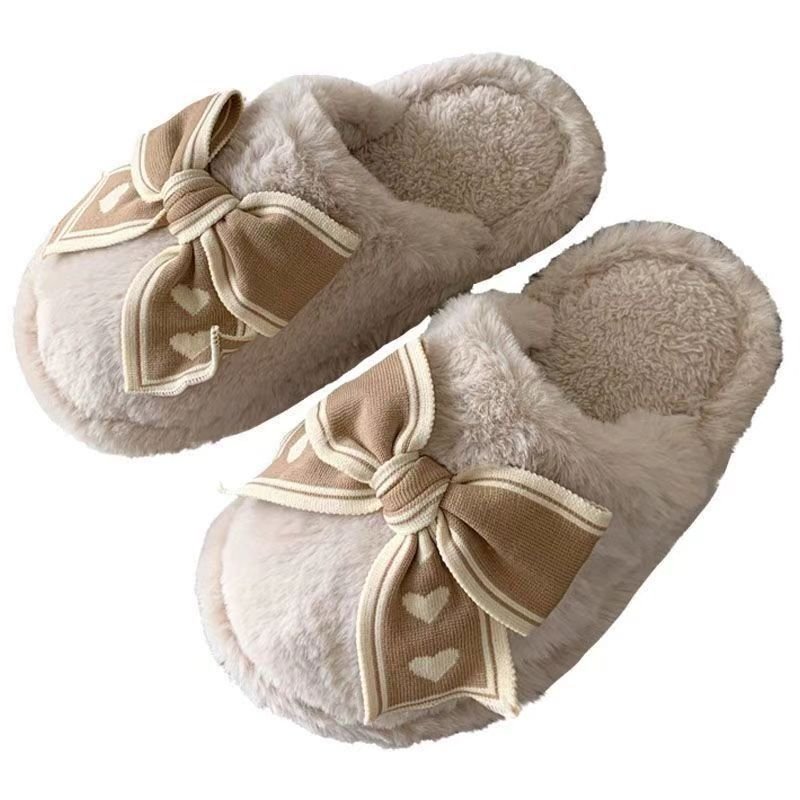 Autumn Winter Women Fashion Plus Size Plush Warm Bow Decorative Home Slippers