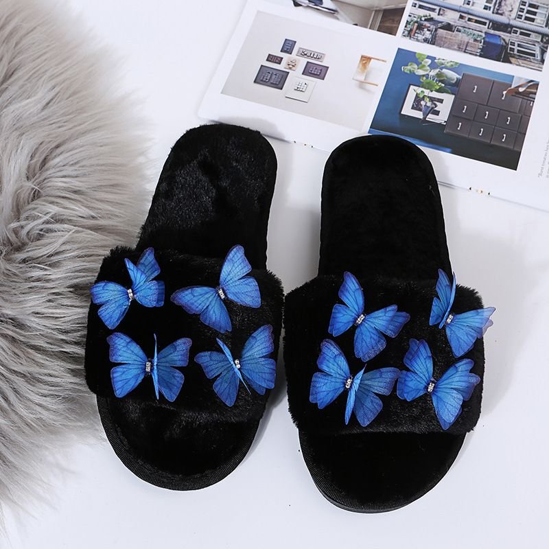 Autumn Winter Women Fashionable Plus Size Warm Plush Solid Butterfly Decorative Flat Home Slippers