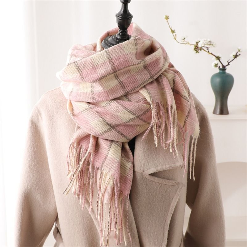 Autumn Winter Women Fashion Plaid Tassel Imitation Cashmere Warm Scarf