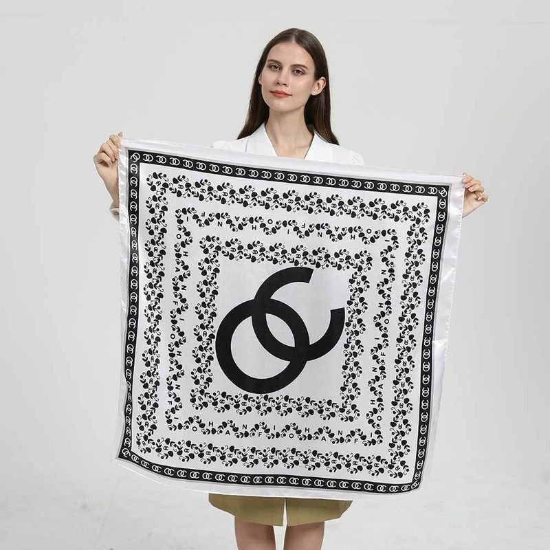 Women Simple Black White Geometric Letter Floral Print Satin Square Scarf