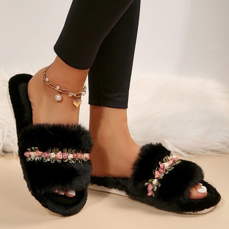 Autumn Winter Women Fashionable Plus Size Floral Decorative Plush Round Toe Flat Slippers