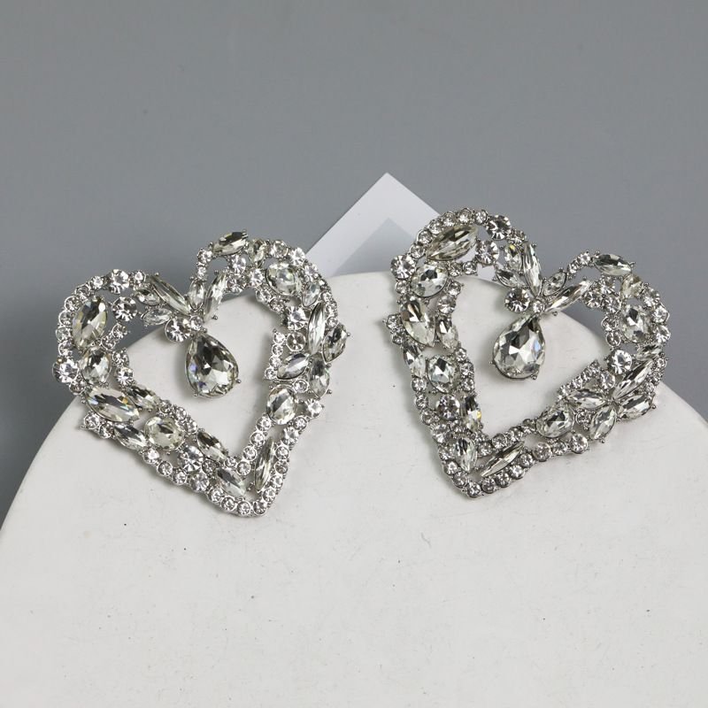 Women Fashion Heart Shaped Rhinestone Hollow Earrings