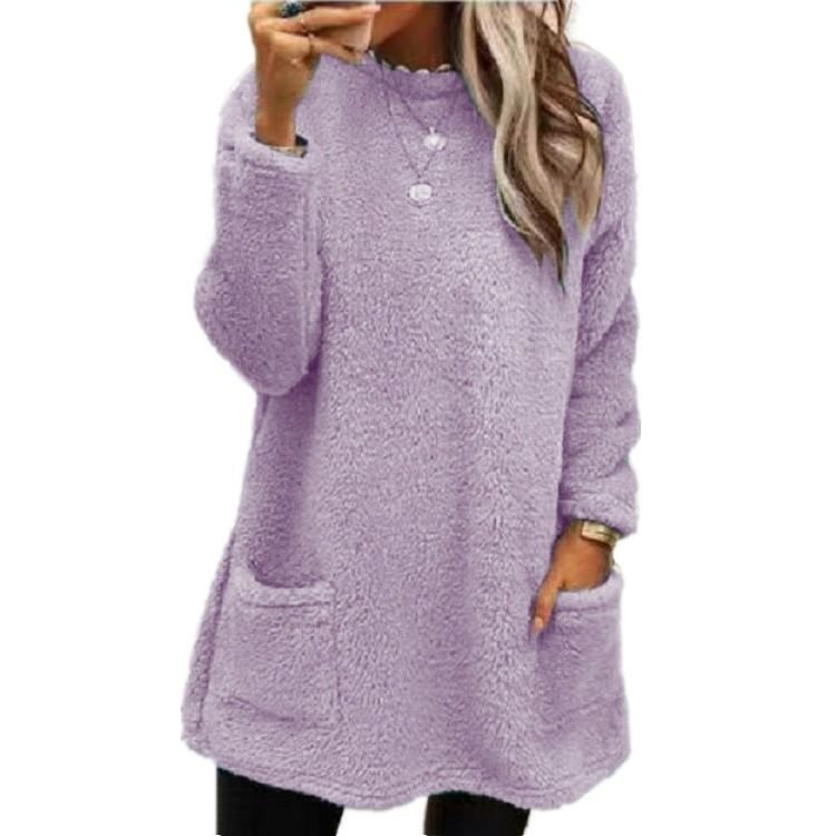 Autumn Winter Women Loose Solid Color Plush Long Sleeve Sweatshirt