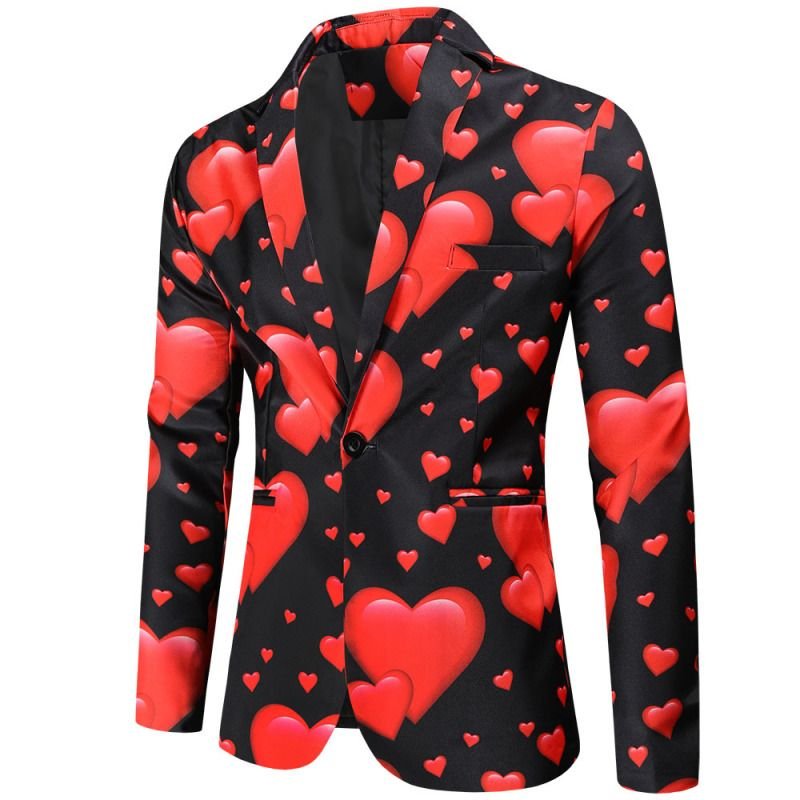 Men Fashion Casual Party Valentine Heart Print Plus Size Vest Long Sleeve Lapel Suit Trousers Three-Piece Set