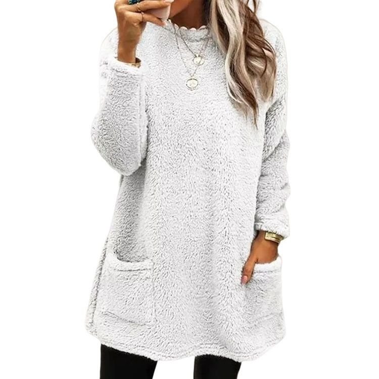 Autumn Winter Women Loose Solid Color Plush Long Sleeve Sweatshirt