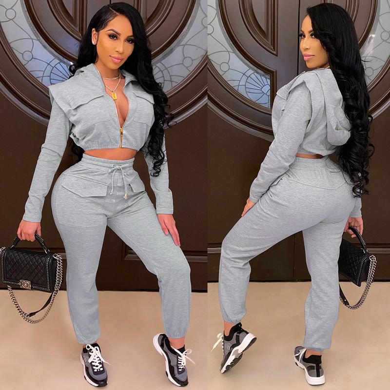 Women Sexy Zipper Slim Hoodie Crop Top Fashion Pants Two-Piece Set