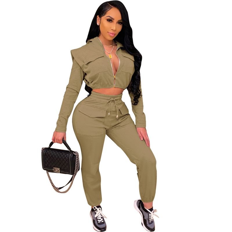 Women Sexy Zipper Slim Hoodie Crop Top Fashion Pants Two-Piece Set