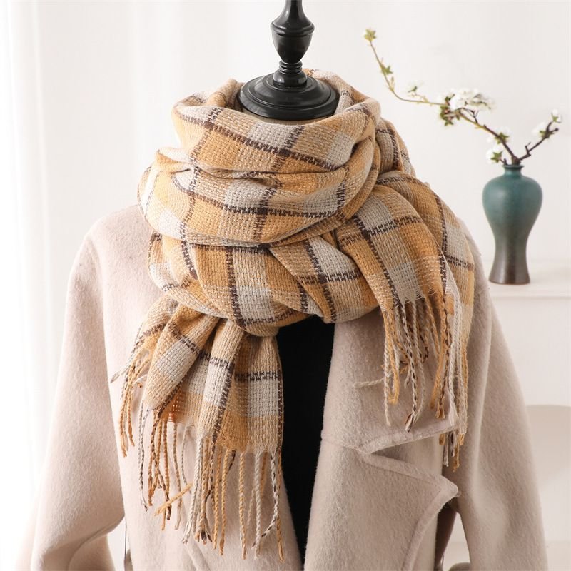 Autumn Winter Women Fashion Plaid Tassel Imitation Cashmere Warm Scarf