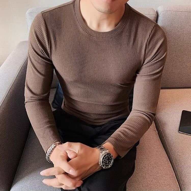 Men Basic Casual Solid Color Rib-Knit Long Sleeve Round Neck T-Shirt