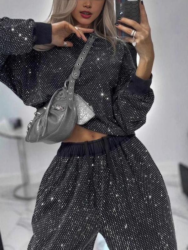 Autumn And Winter Women Glitter Sequin Long Sleeve Round Neck Loose Top Drawstring Wide Leg Pants Two-Piece Set