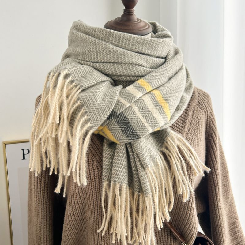 Autumn Winter Women Fashion Thickened Warm Tassel Stripe Cashmere Scarf