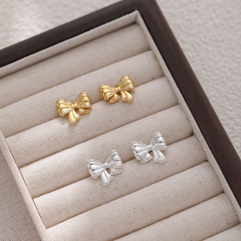 Women Simple Creative Sterling Silver Bow Rhinestone Earrings