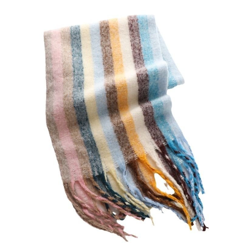 Autumn Winter Women Fashion Rainbow Stripe Cashmere Thickened Warm Scarf