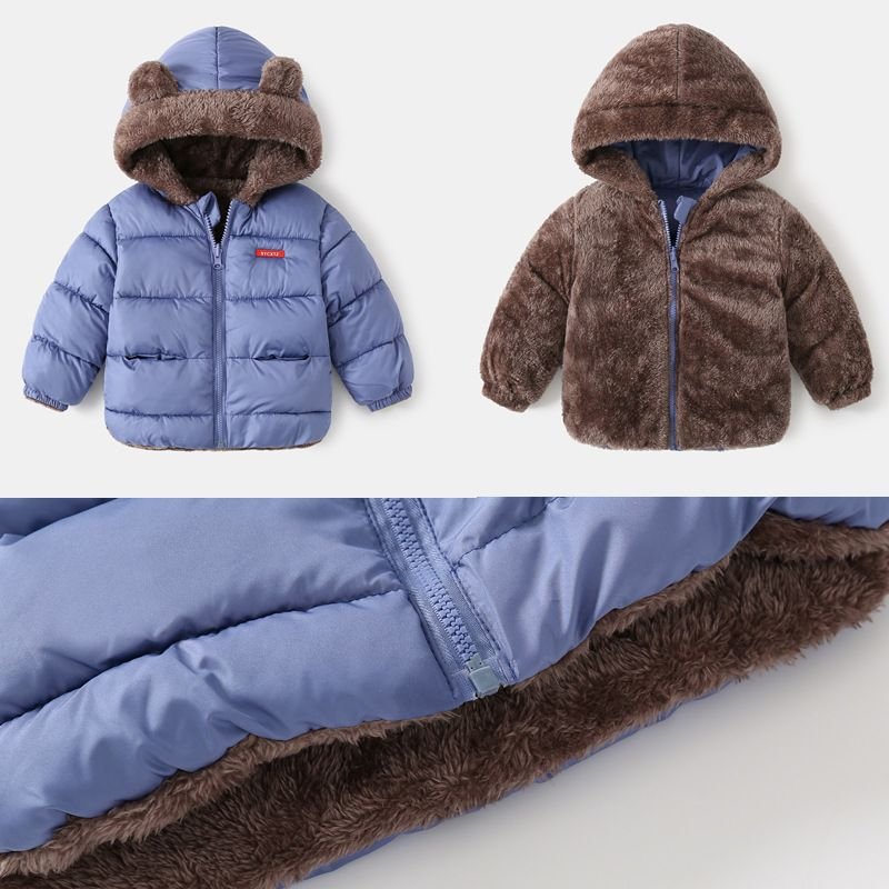 Kids Unisex Winter Casual Cute Solid Color Plush Long Sleeve Hooded Padded Coat