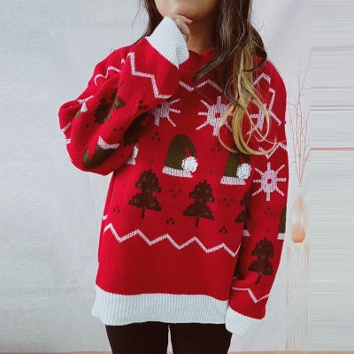 Women Fashion Christmas Tree Christmas Hat Crewneck Long Sleeve Knitted Sweater