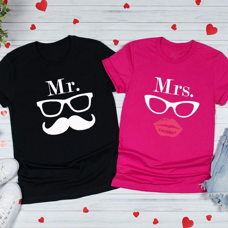 Valentine Day Cartoon Creative Glasses Bow Beard Printed Round Neck Short Sleeve Couple T-Shirt