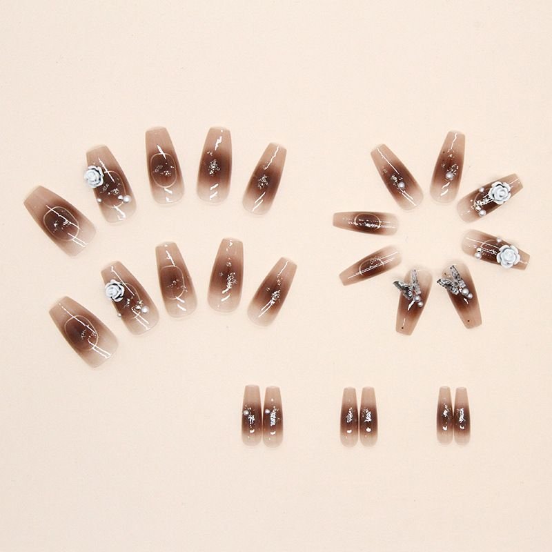 Dark Color Gothic White Medium Ballet Armor Crystal Butterfly Camellia Press On Nails