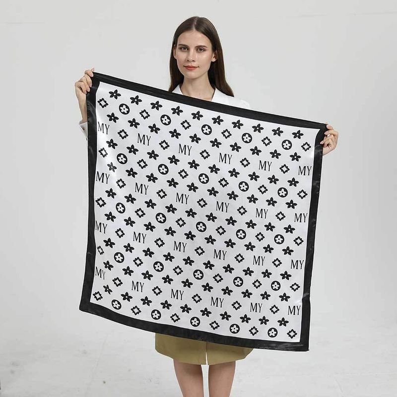 Women Simple Black White Geometric Letter Floral Print Satin Square Scarf