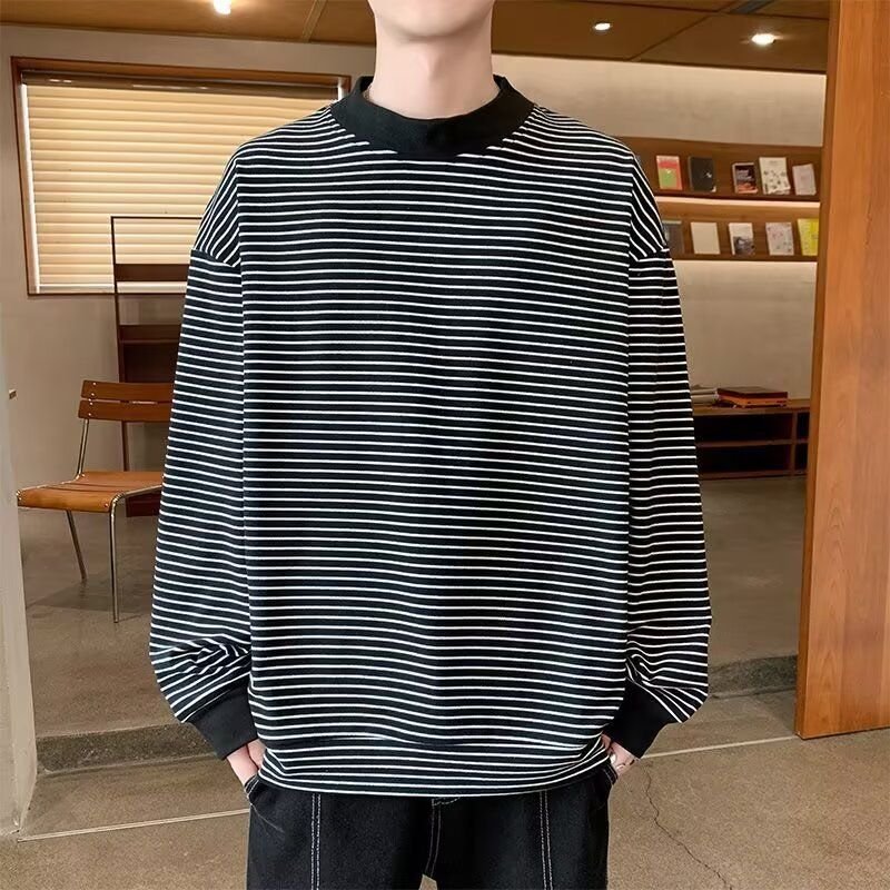 Men Fashion Casual Stripe Print Loose Long Sleeve O Neck T-Shirt