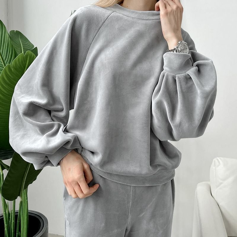 Autumn Winter Women Fashion Loose Round Neck Long Sleeve Warm Home Pajamas Set