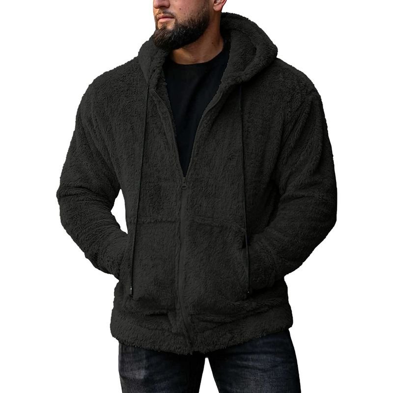 Men Autumn Winter Fashion Casual Solid Color Plush Long Sleeve Hooded Coat