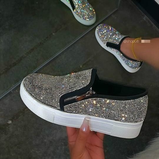 Plus Size Fashion Rhinestone Zipper Platform Loafers