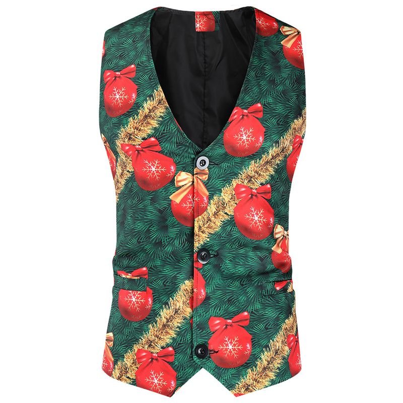 Men Fashion Casual Party Christmas Print Plus Size Vest Long Sleeve Lapel Suit Trousers Three-Piece Set