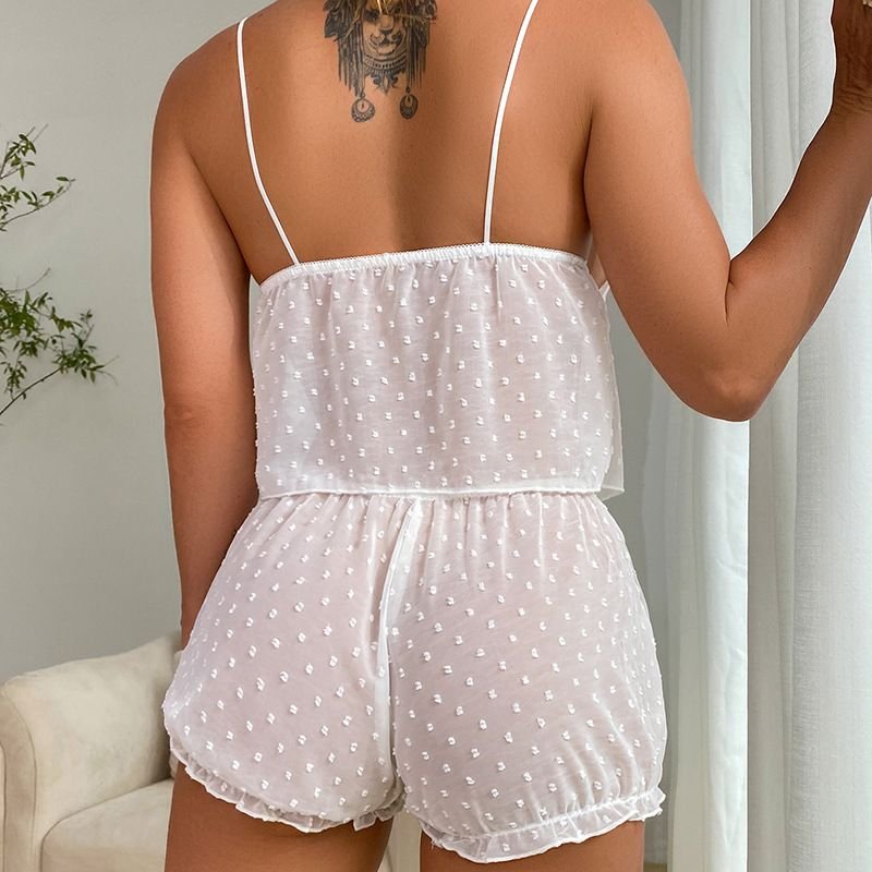 Women Fashion Sexy Deep V Wave Dot Sling Mesh Pajamas Set