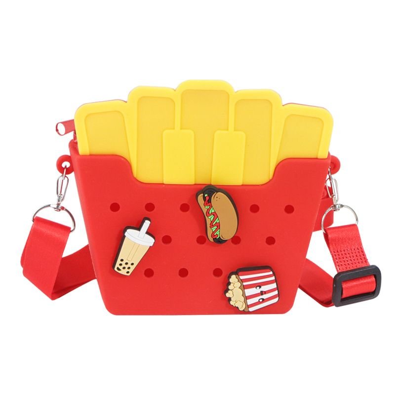 Children Cartoon Cute Fries Hamburger Shape Silicone Hole Crossbody Bag