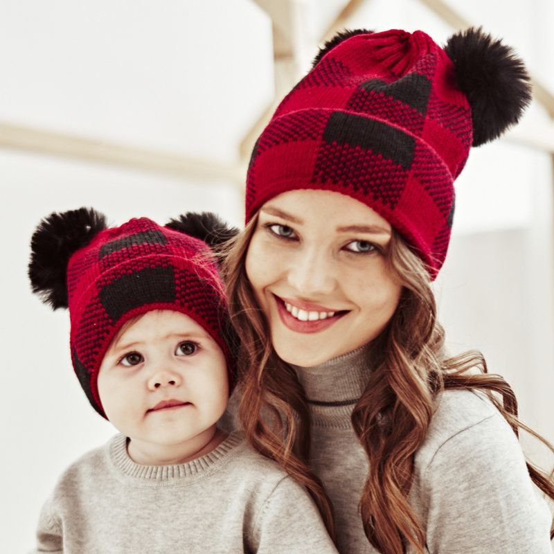 Autumn Winter Simple Fashion Plaid Wool Ball Warm Knit Parent-Child Wool Hat