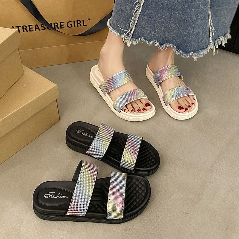 Women Fashion Multicolor Rhinestone Flat Slippers