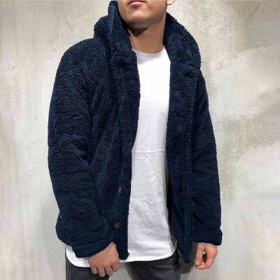 Men Autumn Winter Fashion Casual Solid Color Plush Long Sleeve Hooded Coat