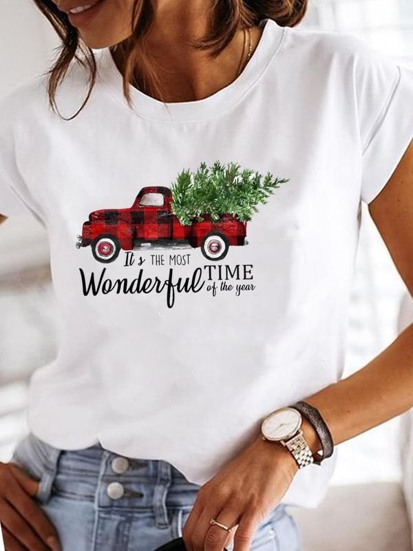 Women Happy Christmas Casual Short Sleeve Basic T-Shirt