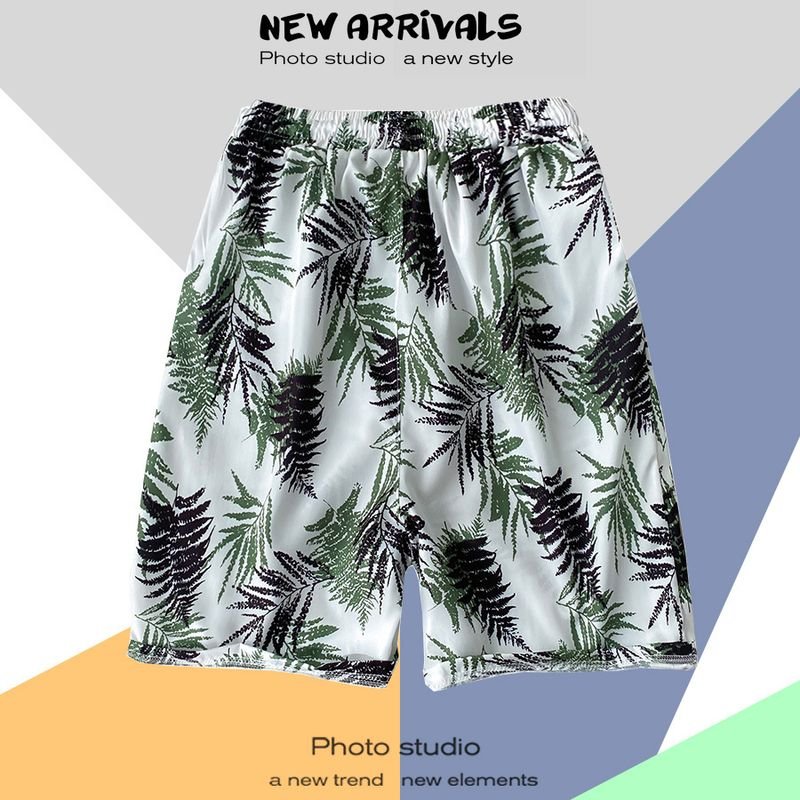 Men Casual Color Blocking Floral Printed Drawstring Beach Shorts