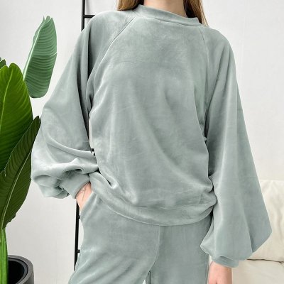 Autumn Winter Women Fashion Loose Round Neck Long Sleeve Warm Home Pajamas Set