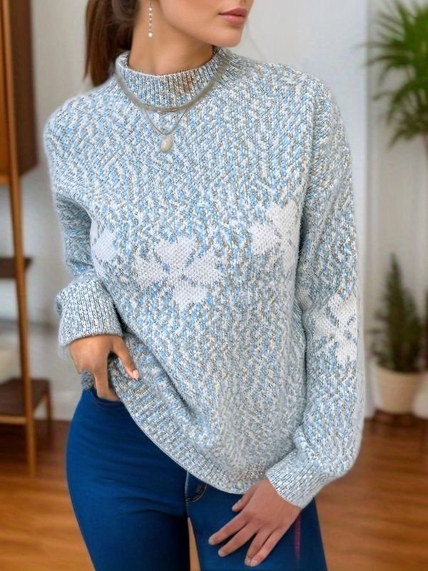 Women Fashion Half-Turtleneck Christmas Snowflake Knit Sweater