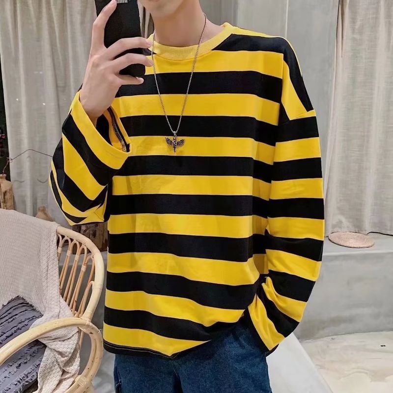 Men Fashion Casual Stripe Print Loose Long Sleeve Round Neck T-Shirt